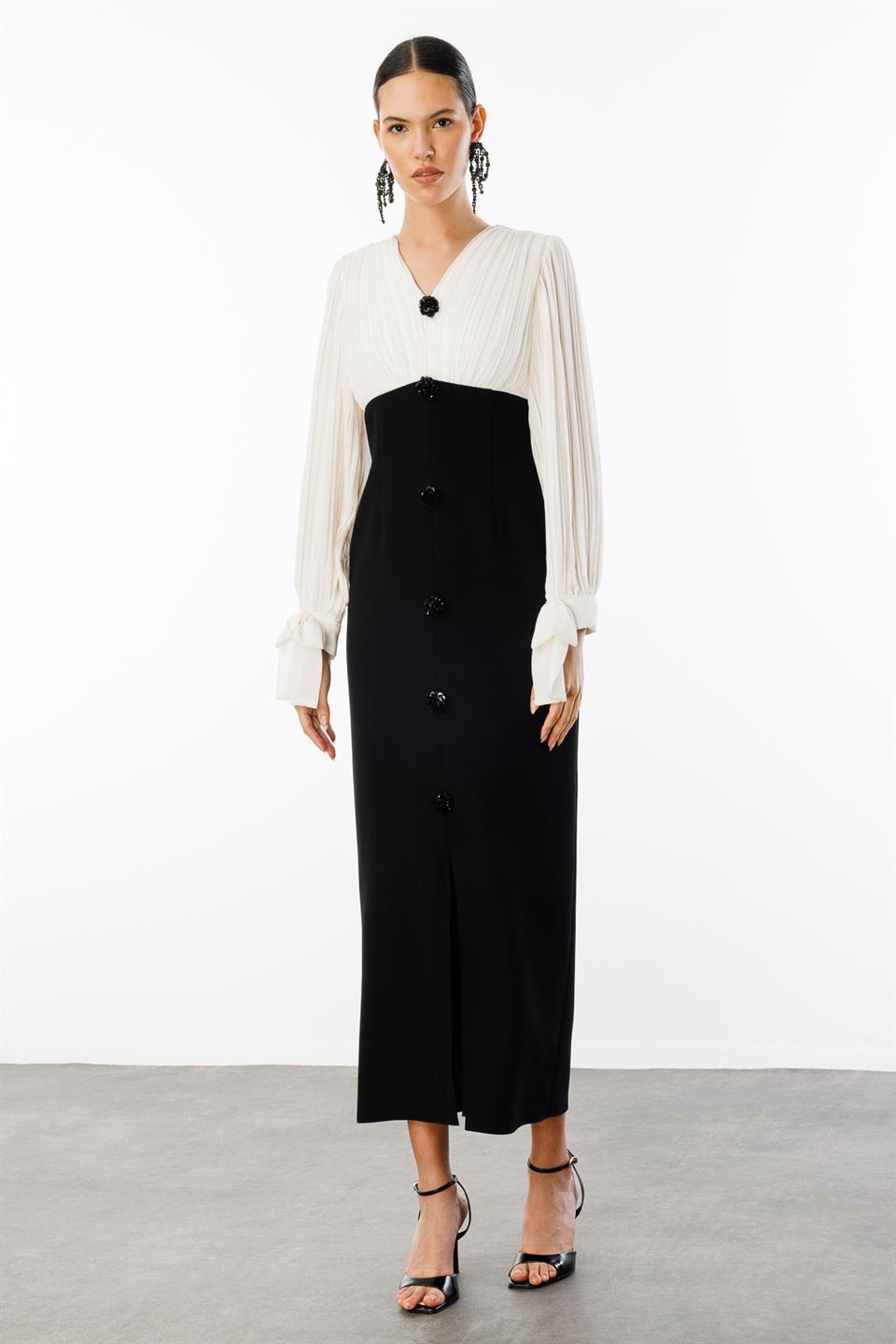 Pilise Detaylı İki Renkli Elbise SİYAH-EKRU