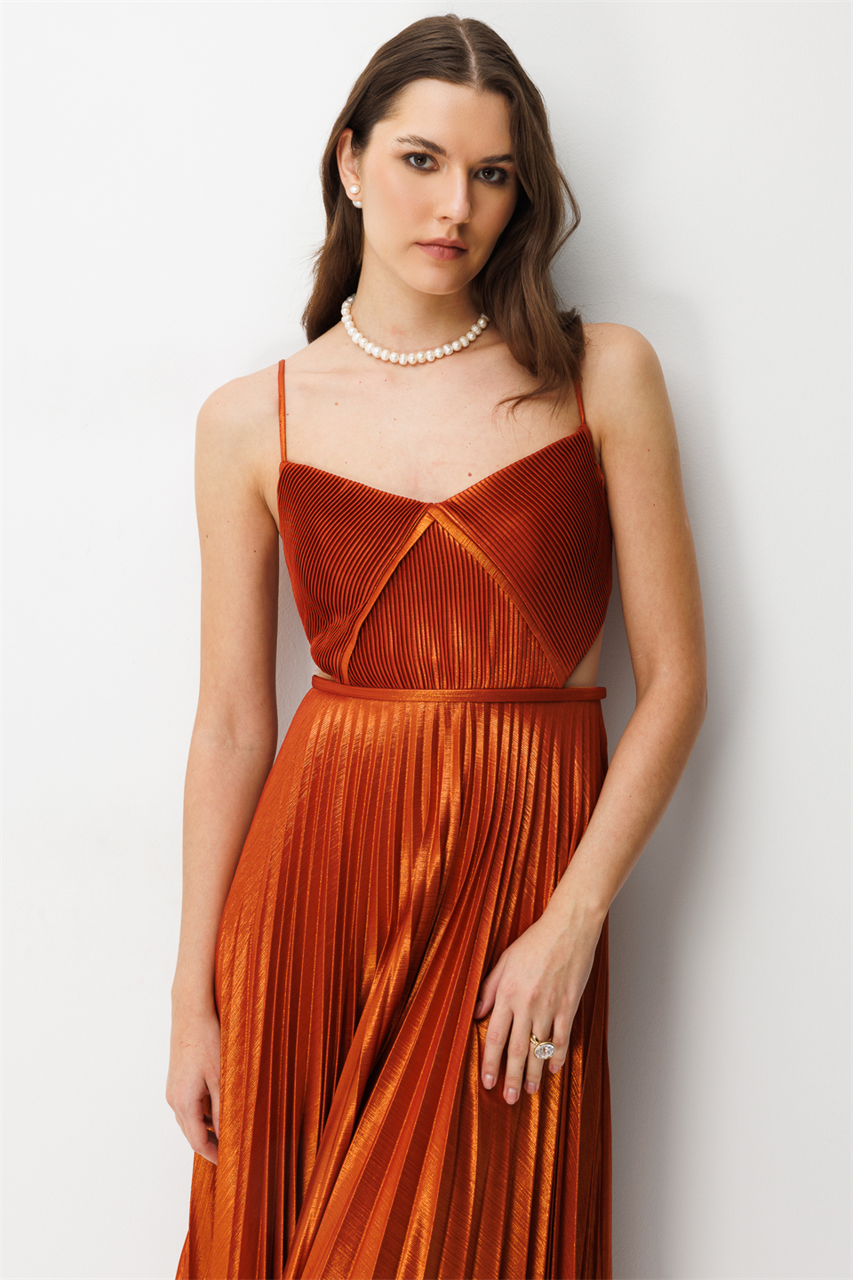 Pilise Etekli A Kesim Askılı Elbise BAKIR