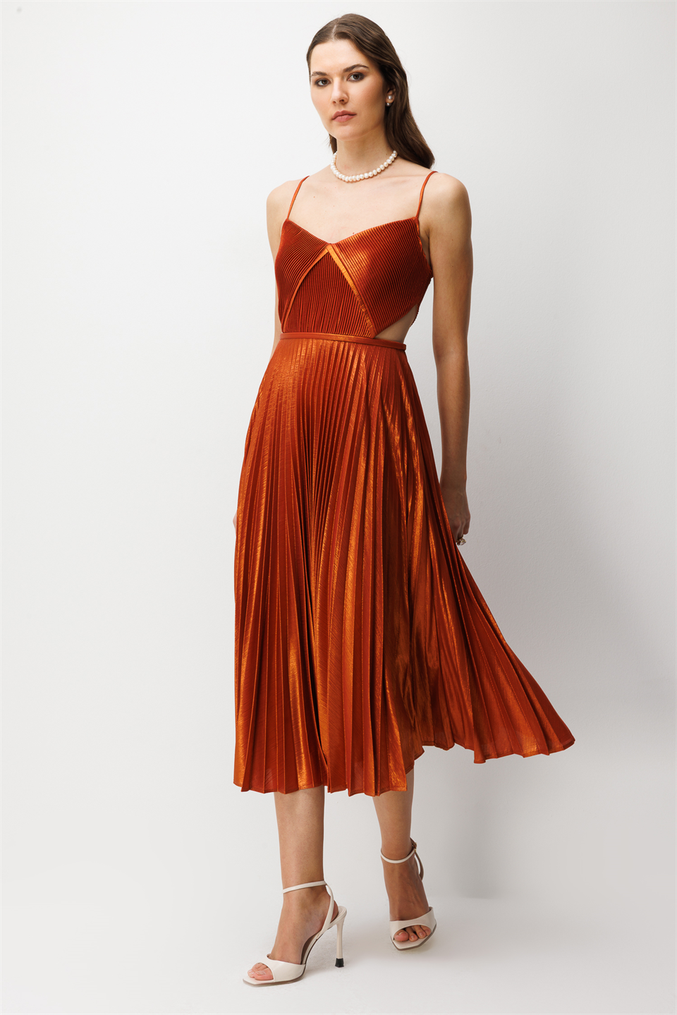 Pilise Etekli A Kesim Askılı Elbise BAKIR