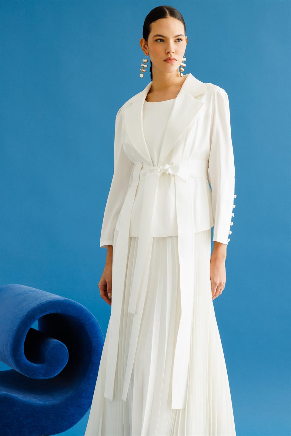 Pilise Etekli Elbise & Ceket İkili Takım BEYAZ