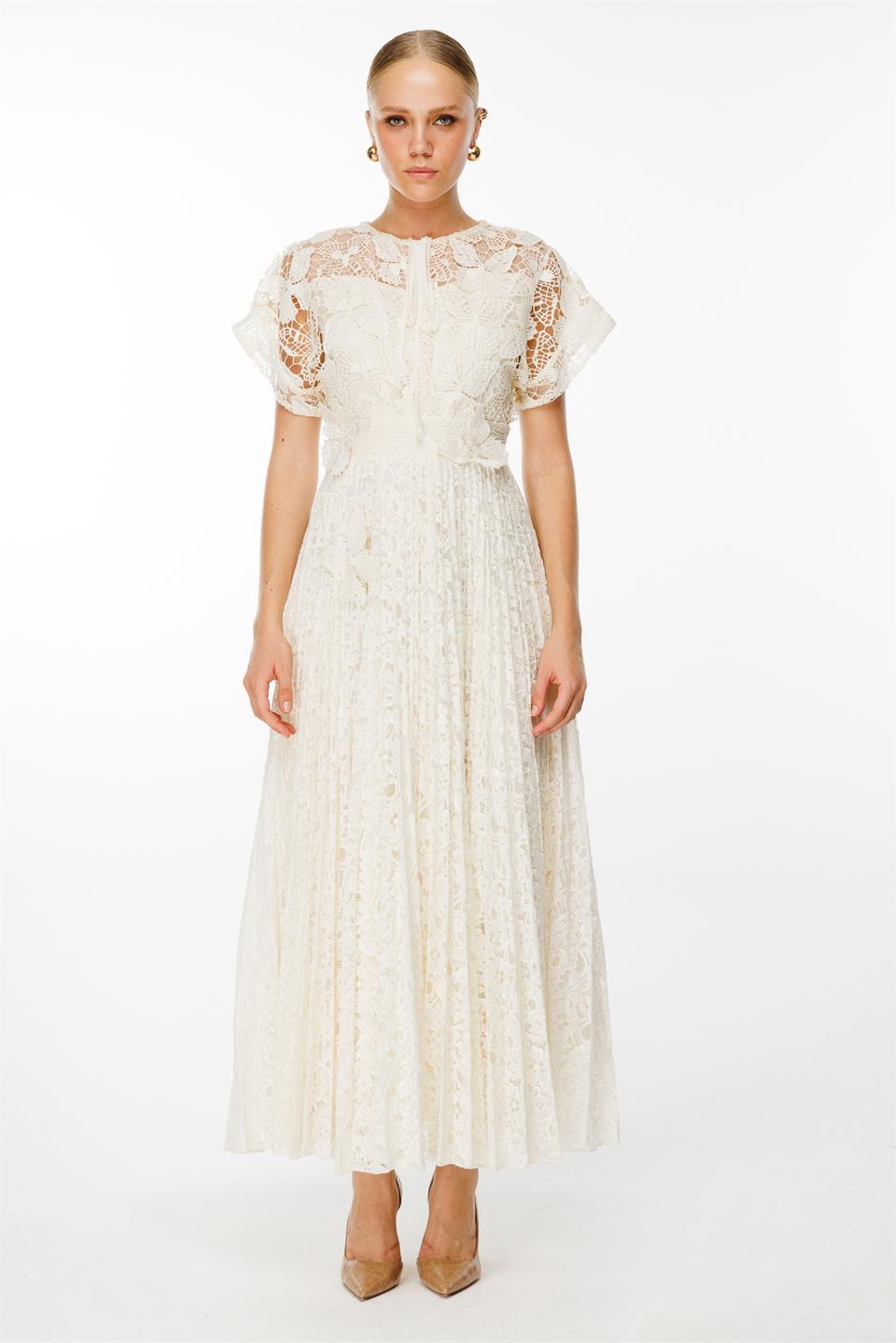 Pilise Etekli Kelebek Detaylı Elbise EKRU