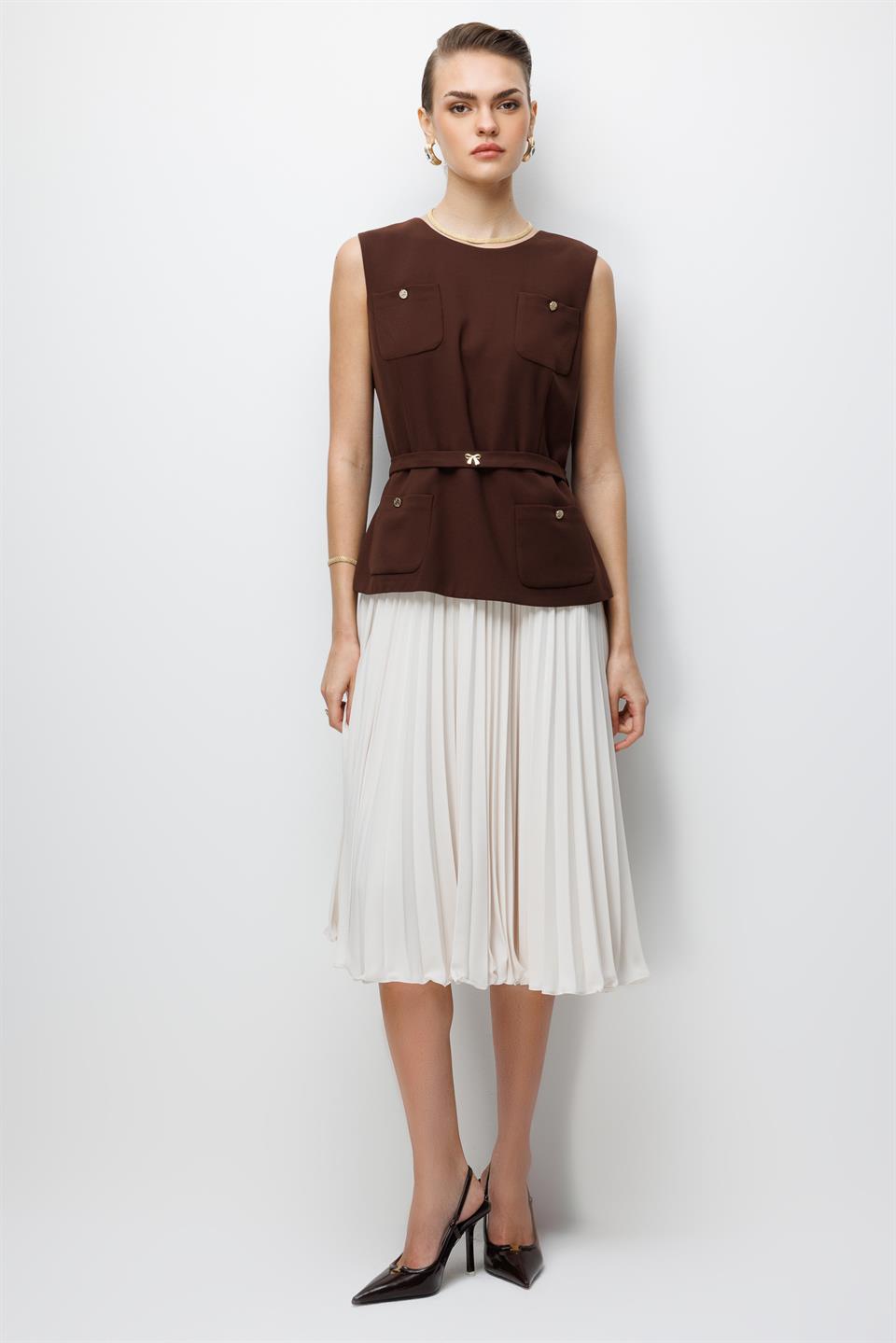 Pilise Etekli Krep Elbise KAHVE