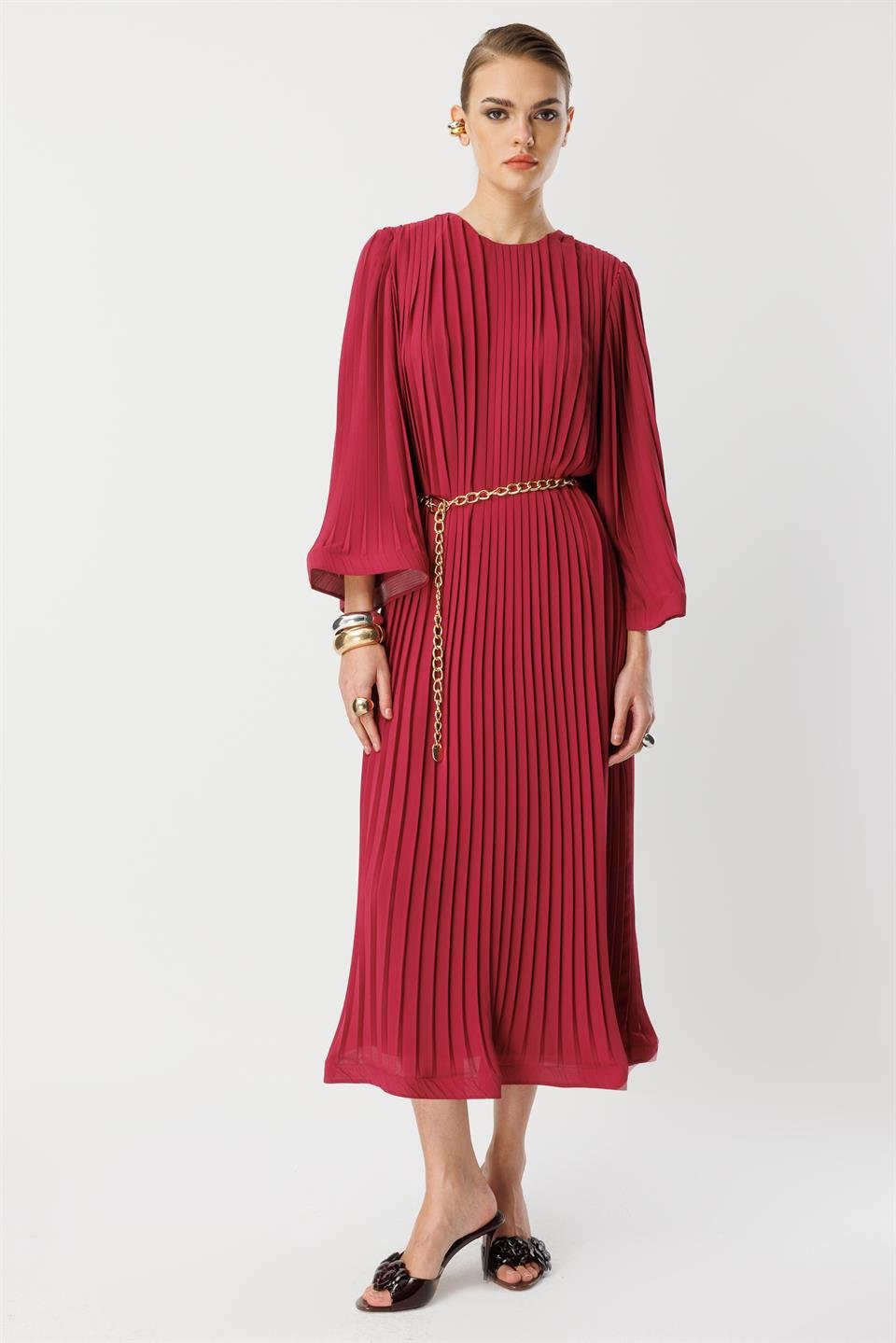 Piliseli Grenli Zincir Kemerli Elbise ROSE