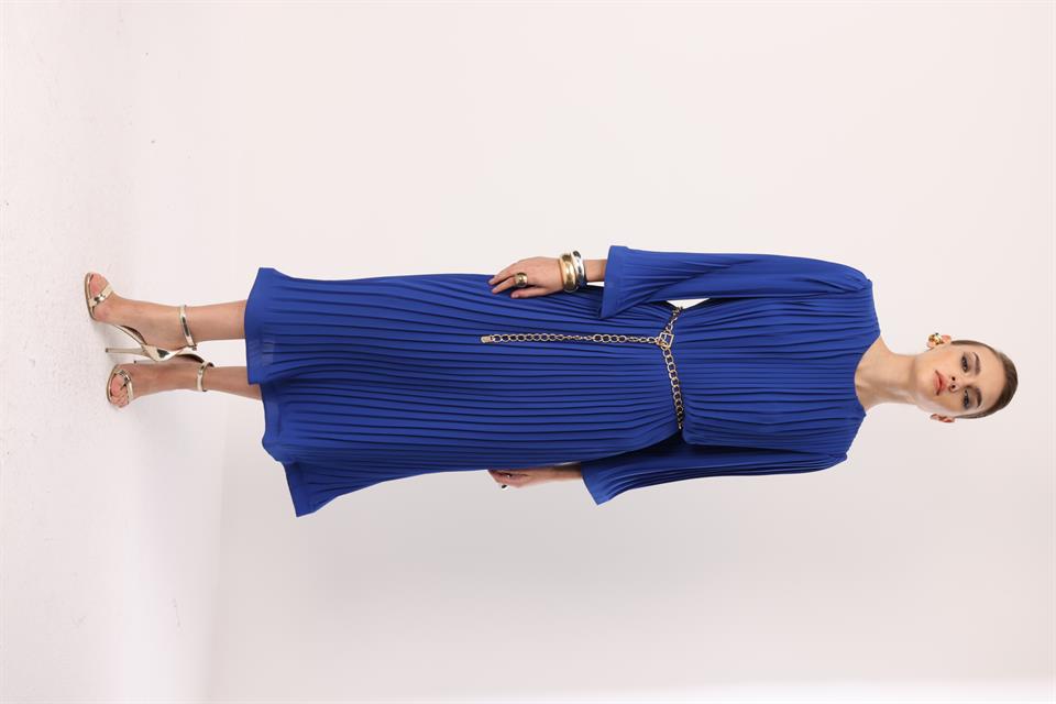 Nefeli Pleated Grainy Chain Belted Dress Blue