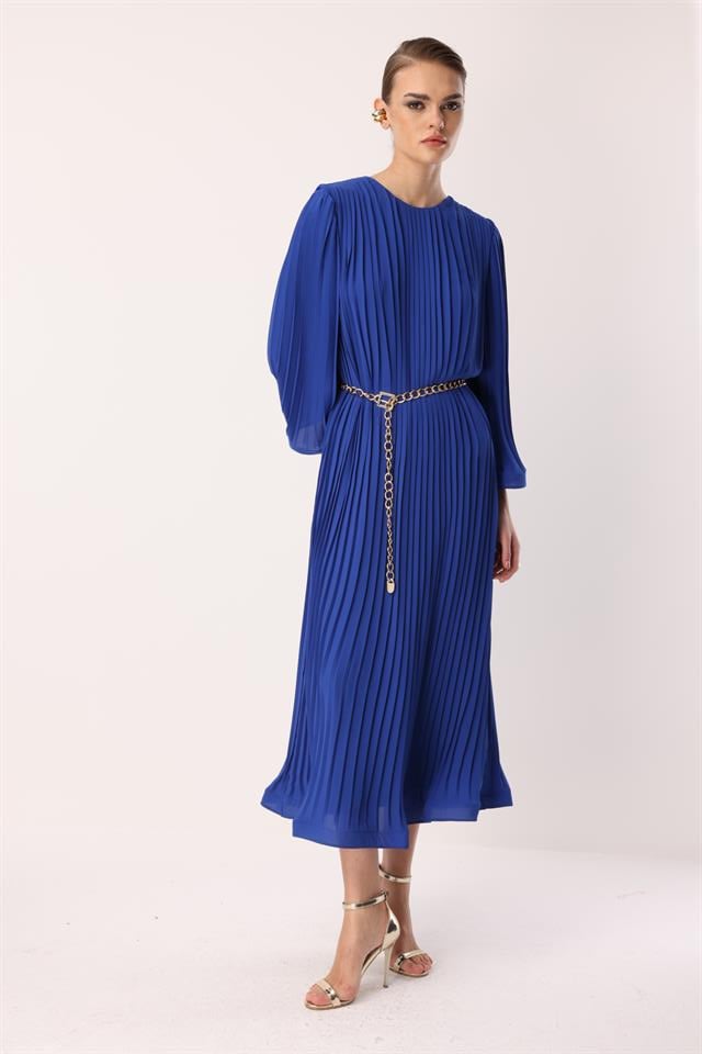 Nefeli Pleated Grainy Chain Belted Dress Blue