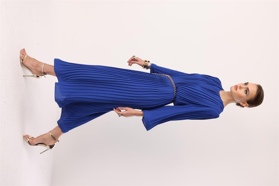 Nefeli Pleated Grainy Chain Belted Dress Blue