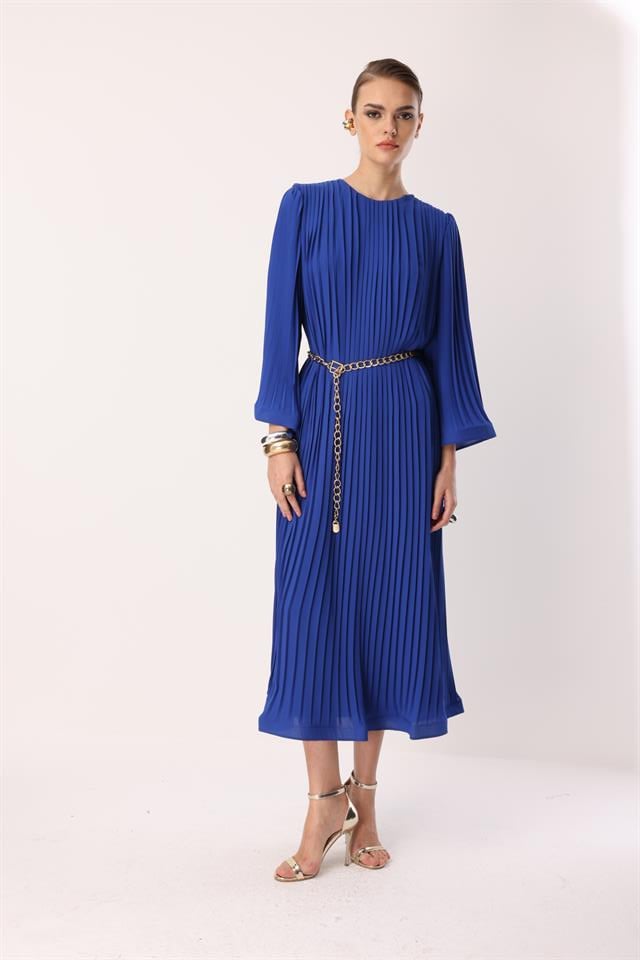 Nefeli Pleated Grainy Chain Belted Dress Blue