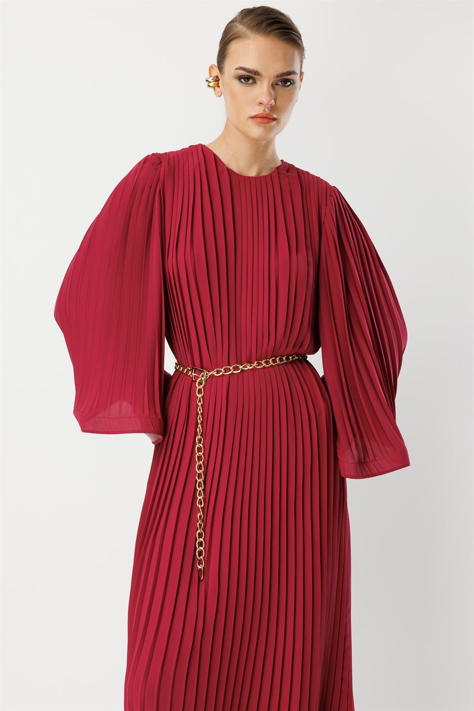 Piliseli Grenli Zincir Kemerli Elbise ROSE