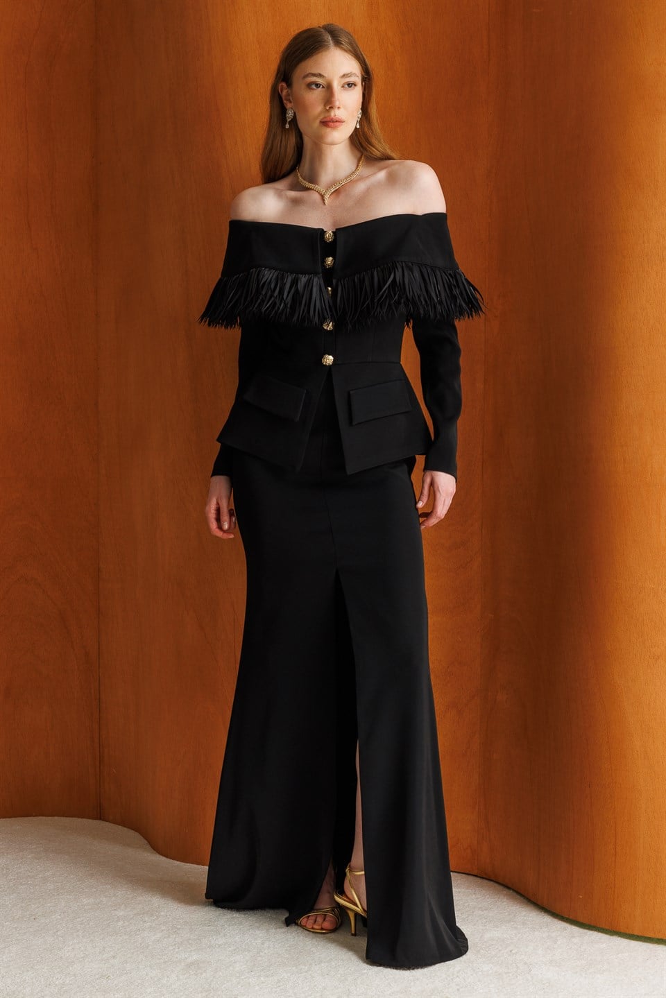 Organza Fringe Yoke Buttoned Maxi Dress BLACK