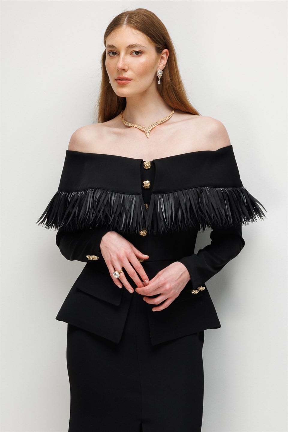 Organza Fringe Yoke Buttoned Maxi Dress BLACK