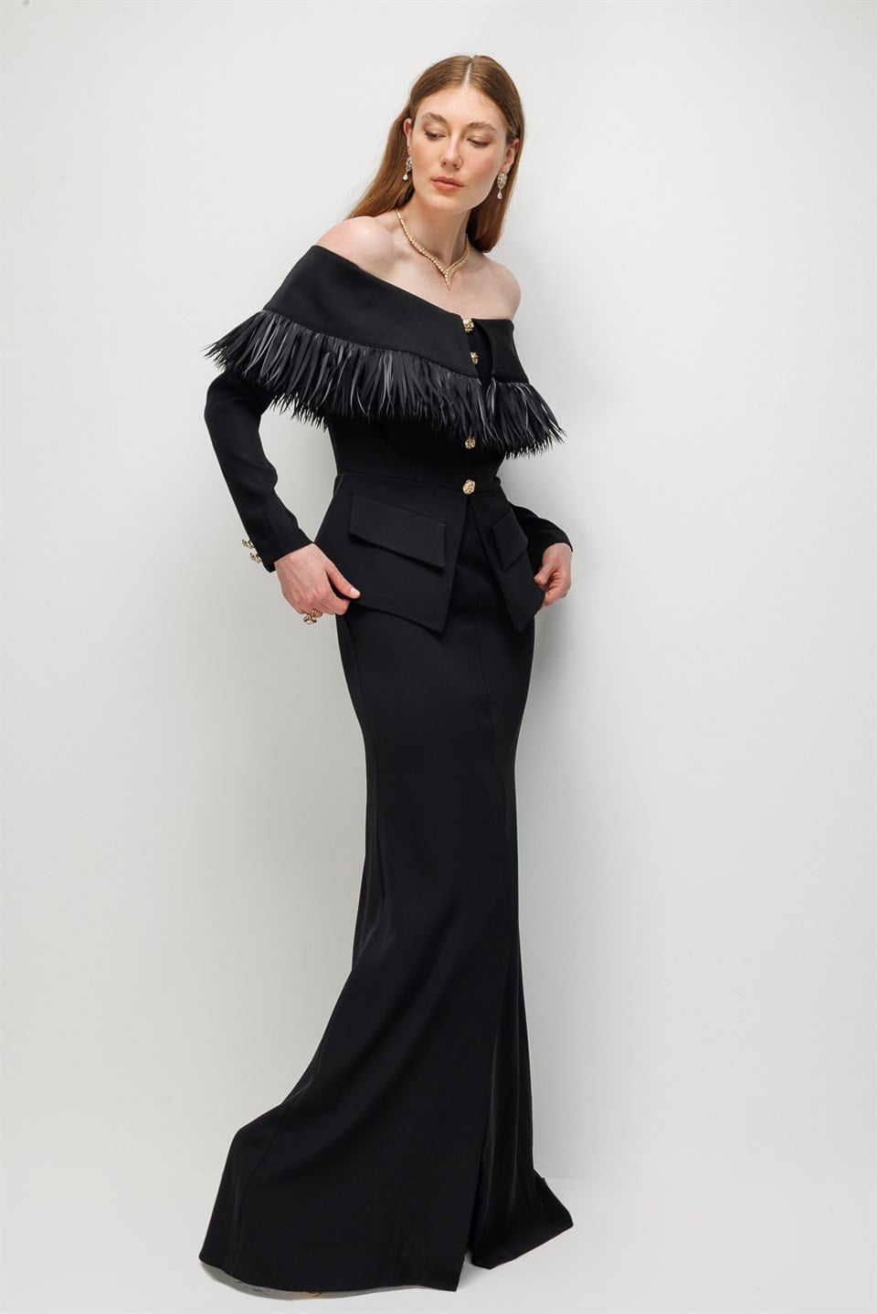 Organza Fringe Yoke Buttoned Maxi Dress BLACK