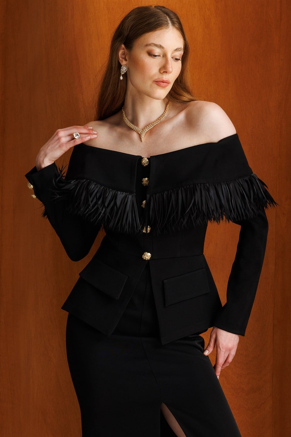 Organza Fringe Yoke Buttoned Maxi Dress BLACK