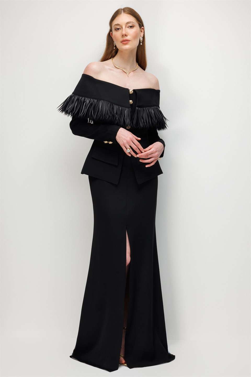 Organza Fringe Yoke Buttoned Maxi Dress BLACK