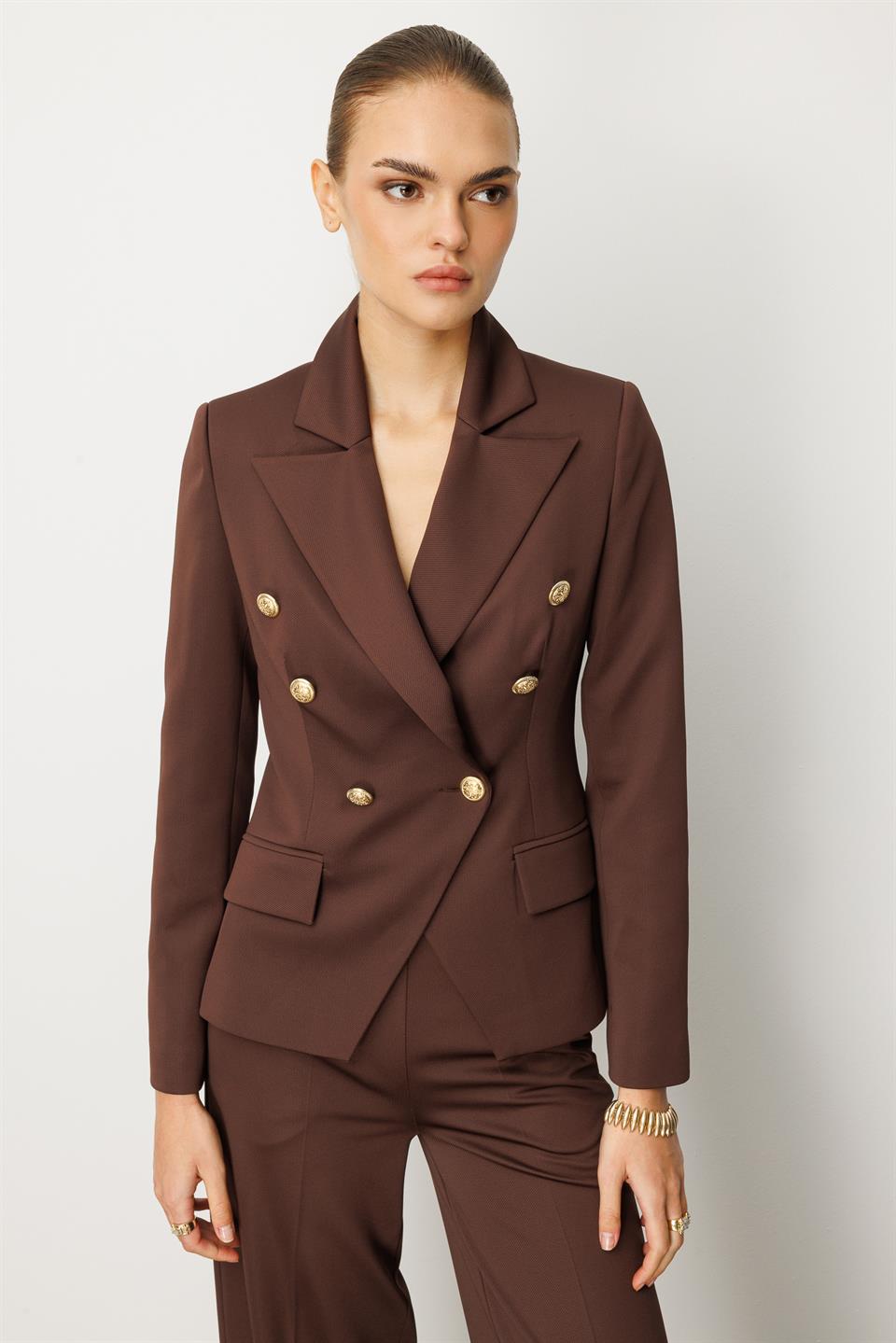 Şal Detaylı Örme Kruvaze Ceket KAHVE