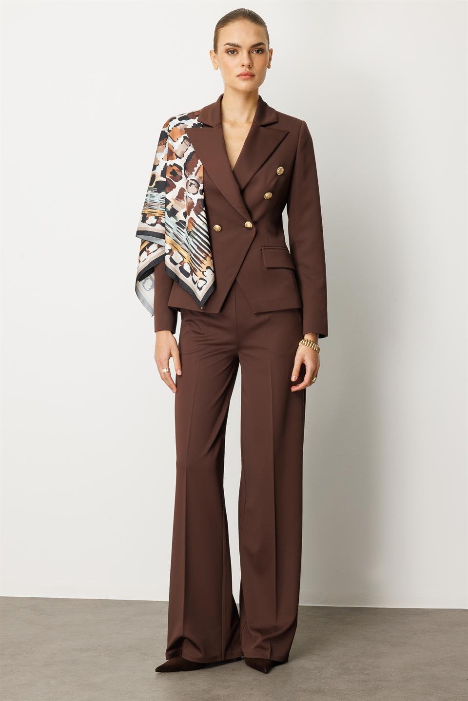 Şal Detaylı Örme Kruvaze Ceket KAHVE