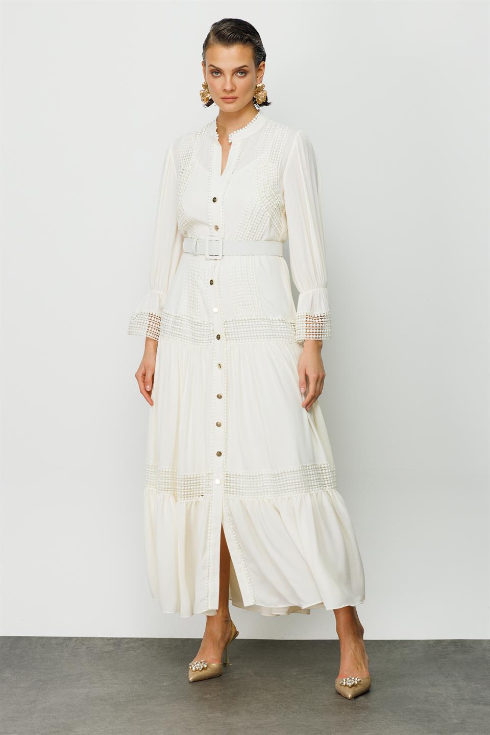 Ribbon Lace Shirt Dress ECRU