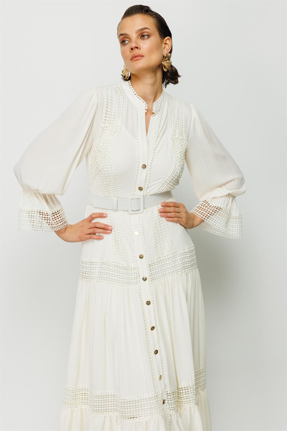 Ribbon Lace Shirt Dress ECRU