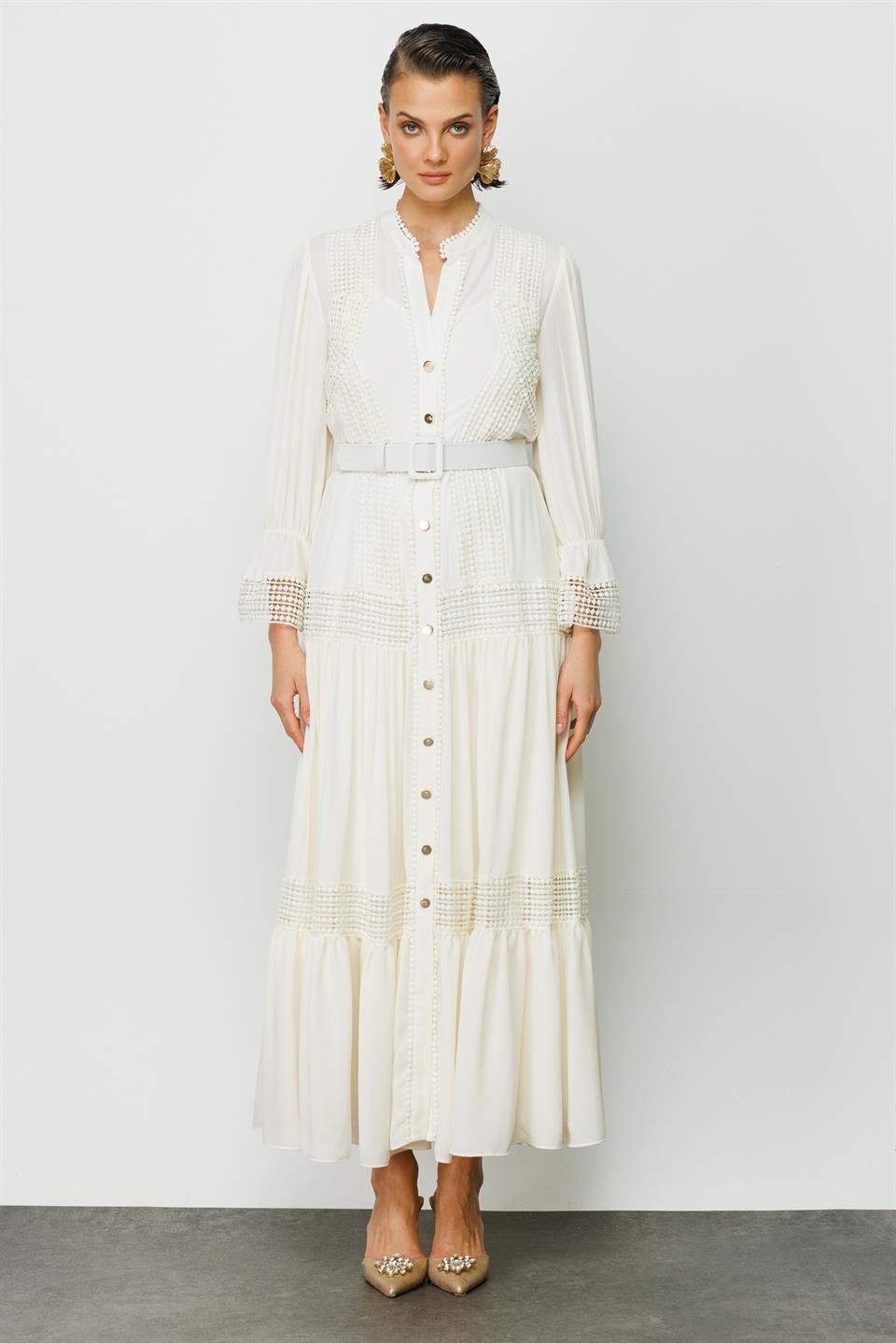 Ribbon Lace Shirt Dress ECRU