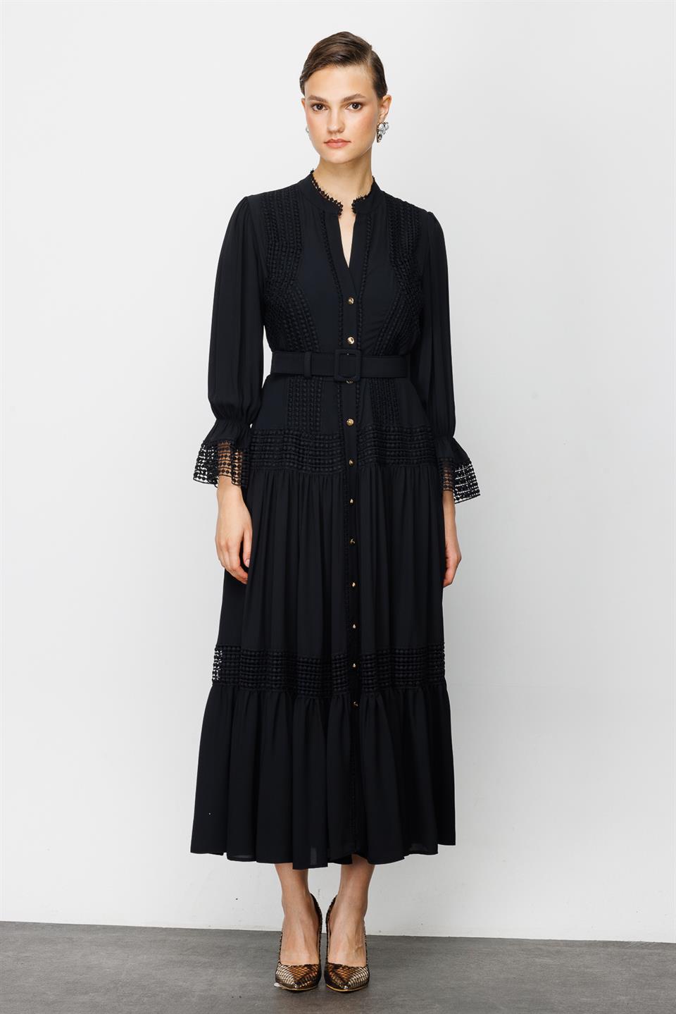 Şerit Dantelli Gömlek Elbise SİYAH