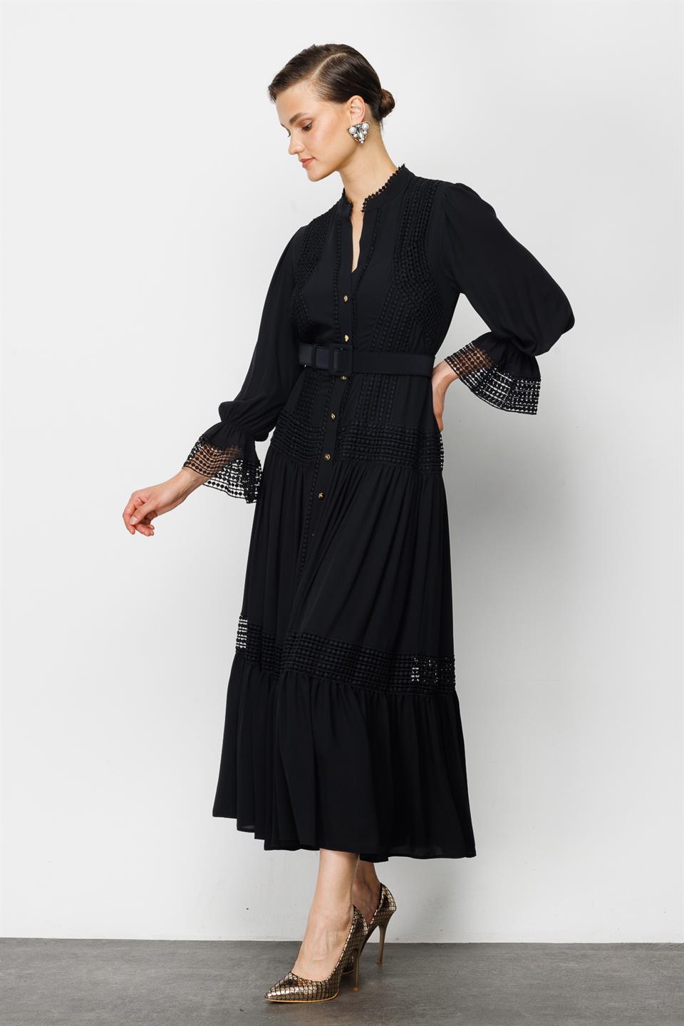 Şerit Dantelli Gömlek Elbise SİYAH