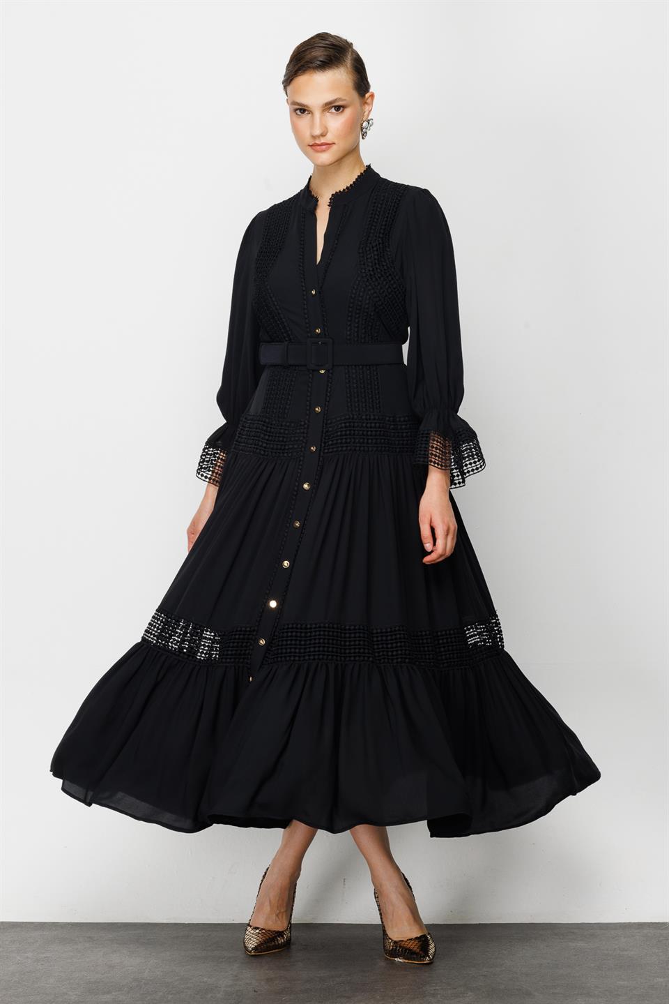 Şerit Dantelli Gömlek Elbise SİYAH