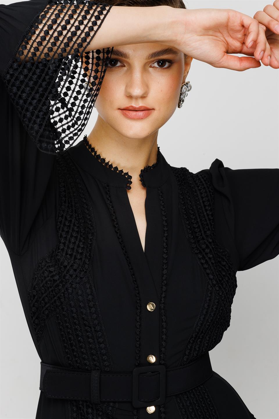 Şerit Dantelli Gömlek Elbise SİYAH