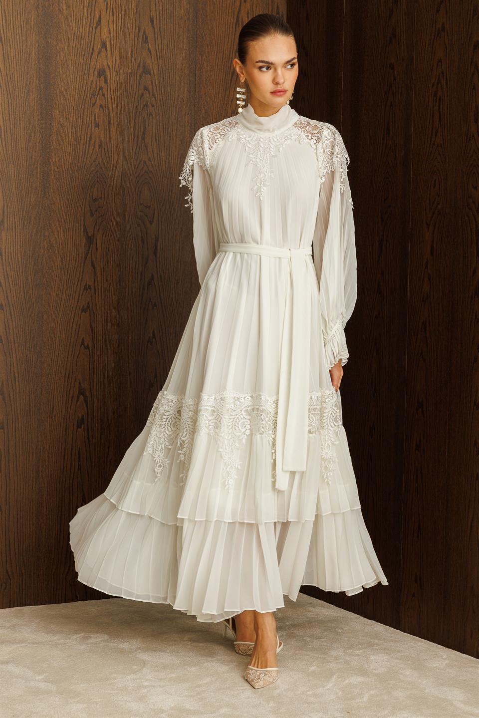 Şerit Dantelli Maxi Boy Soley Elbise EKRU