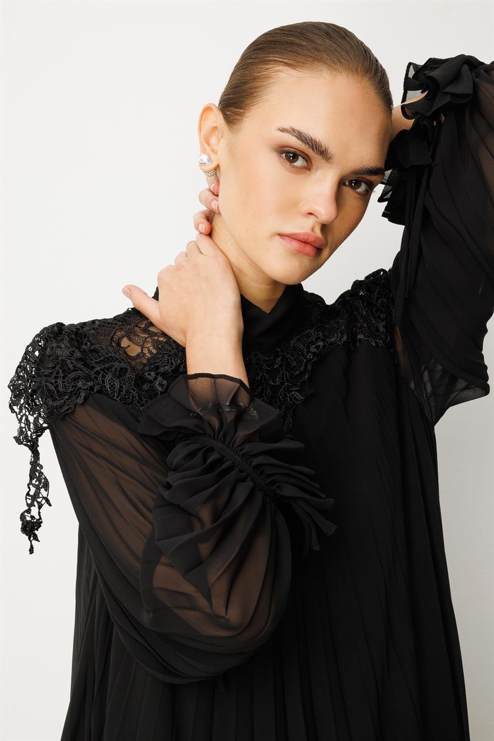 Şerit Dantelli Maxi Boy Soley Elbise SİYAH