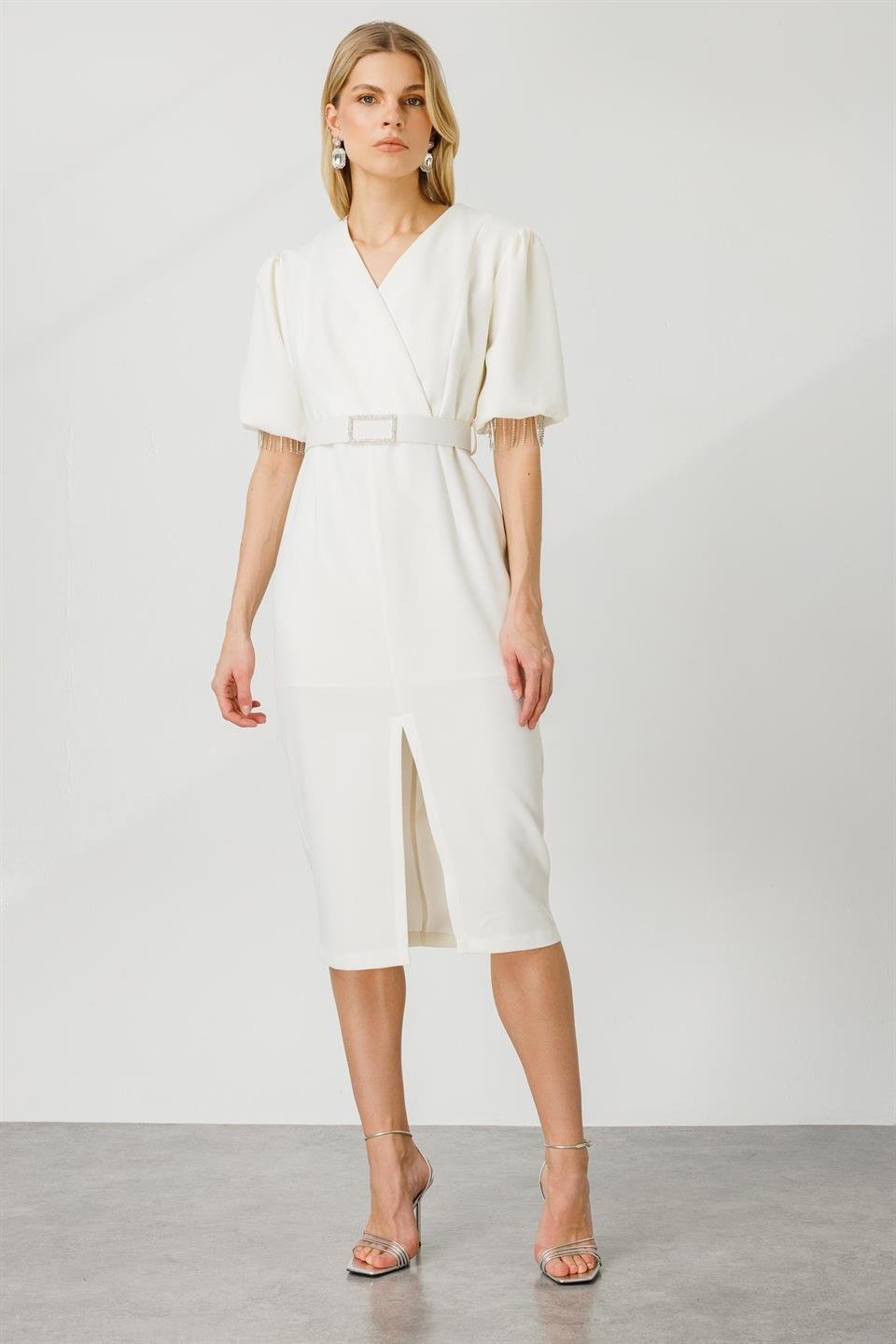 Stripe Stone Balloon Sleeve Dress ECRU