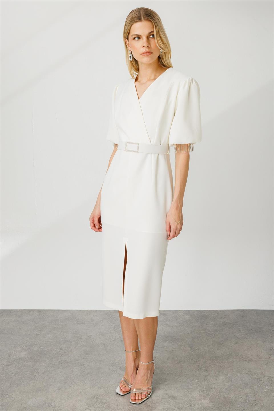 Stripe Stone Balloon Sleeve Dress ECRU