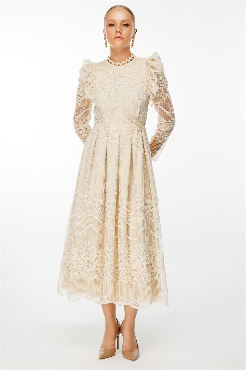 Şeritli Kollu Dantel Elbise BEJ