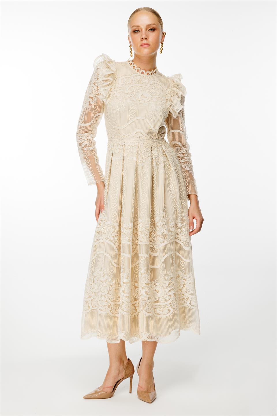 Şeritli Kollu Dantel Elbise BEJ