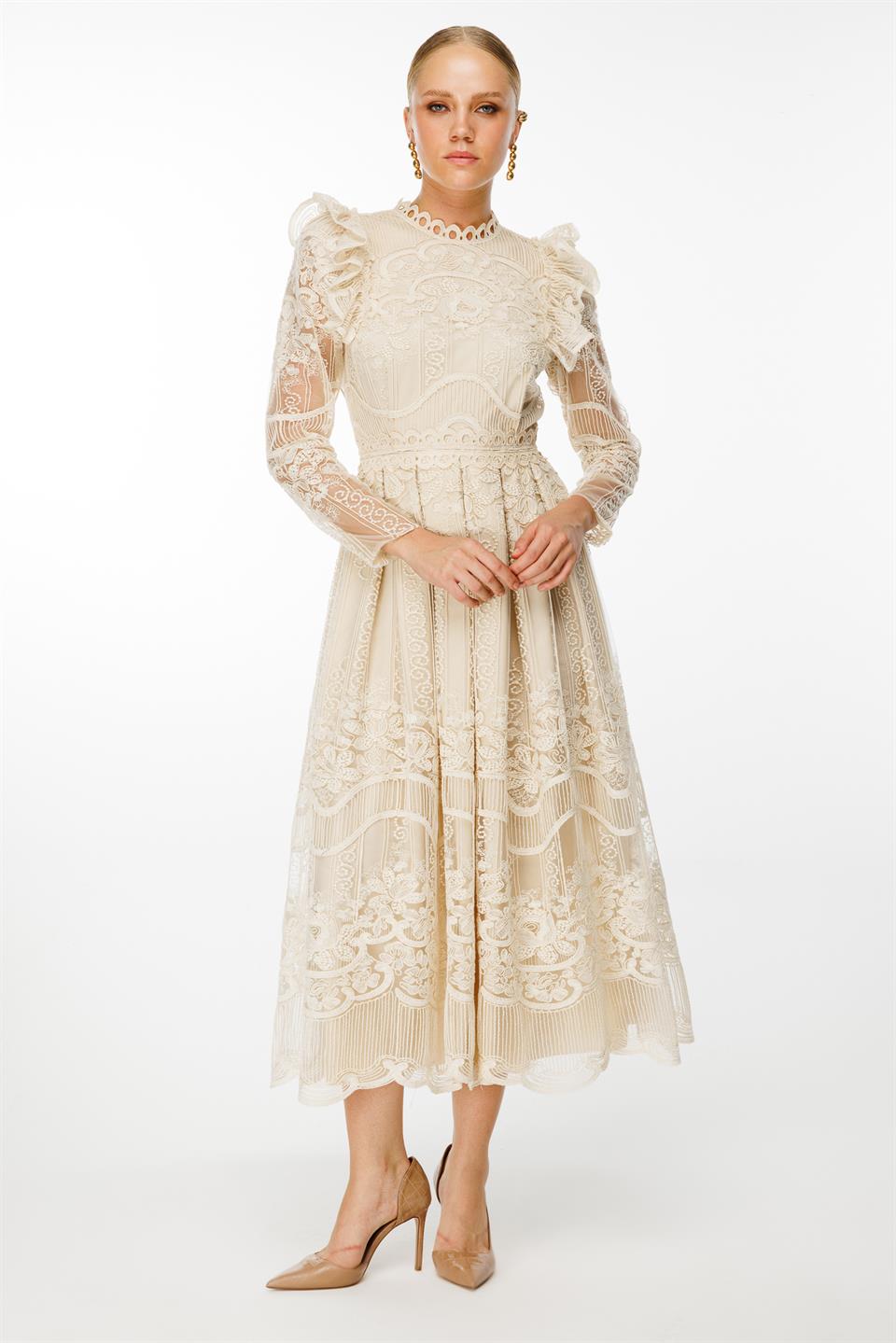 Şeritli Kollu Dantel Elbise BEJ