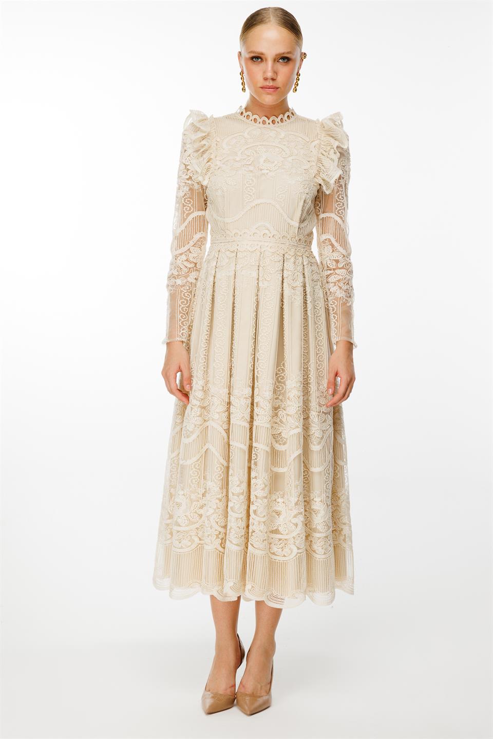 Şeritli Kollu Dantel Elbise BEJ