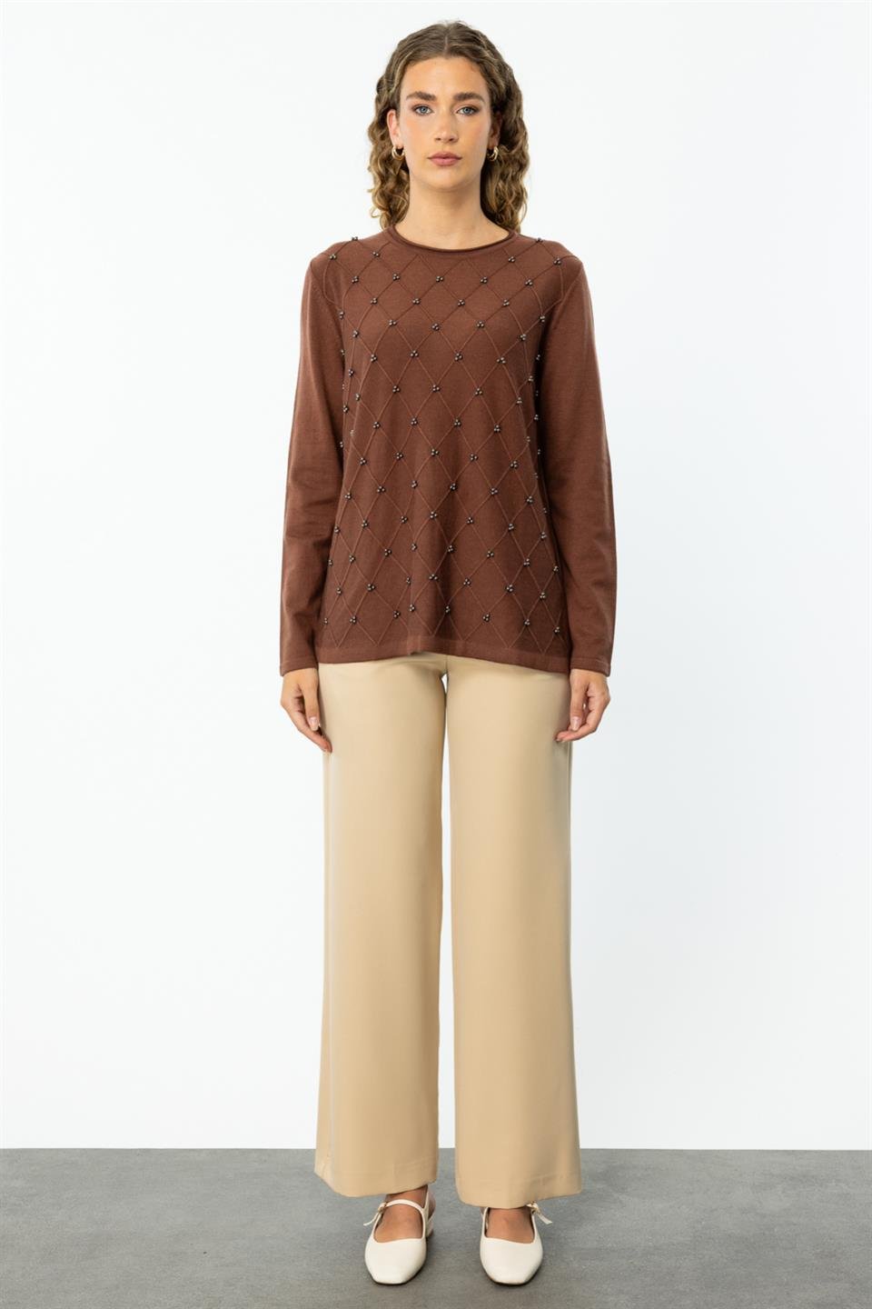 Crew Neck Diamond Patterned Sweater BROWN