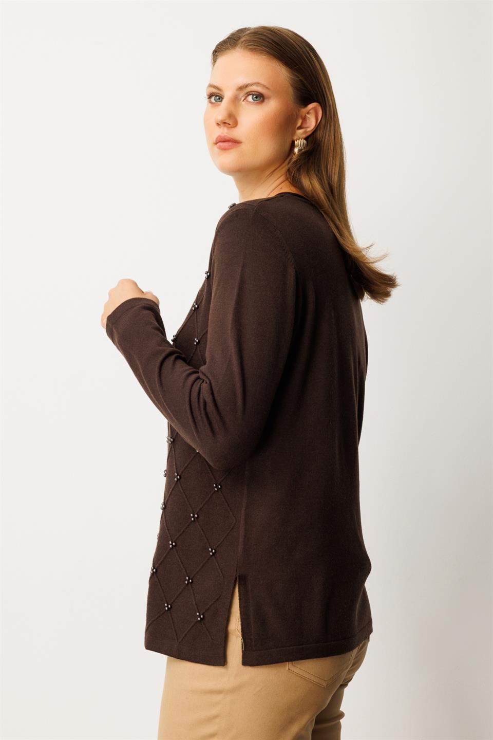 Sıfır Yaka Baklava Desenli Kazak KAHVE