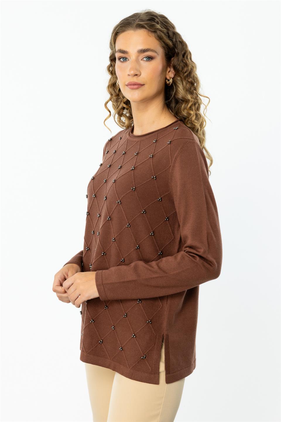 Crew Neck Diamond Patterned Sweater BROWN