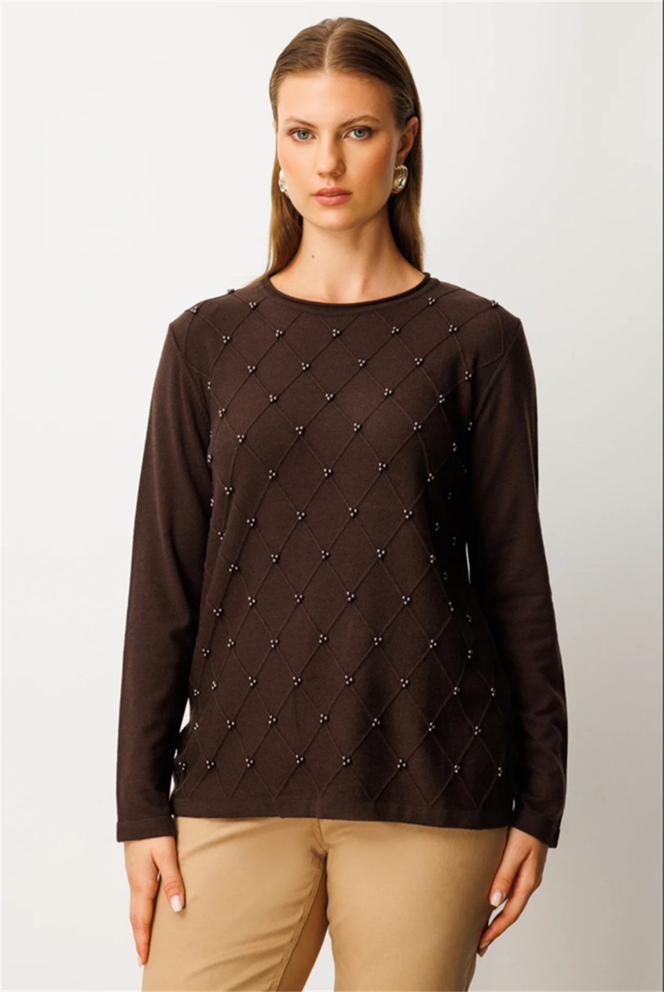 Sıfır Yaka Baklava Desenli Kazak KAHVE