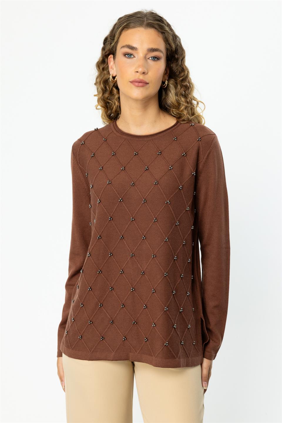 Crew Neck Diamond Patterned Sweater BROWN