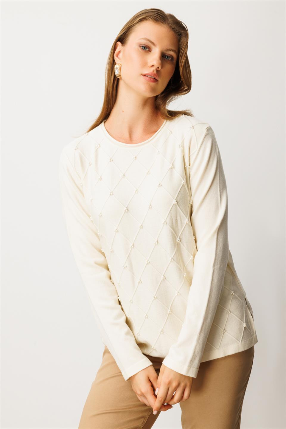 Sıfır Yaka Baklava Desenli Kazak KREM