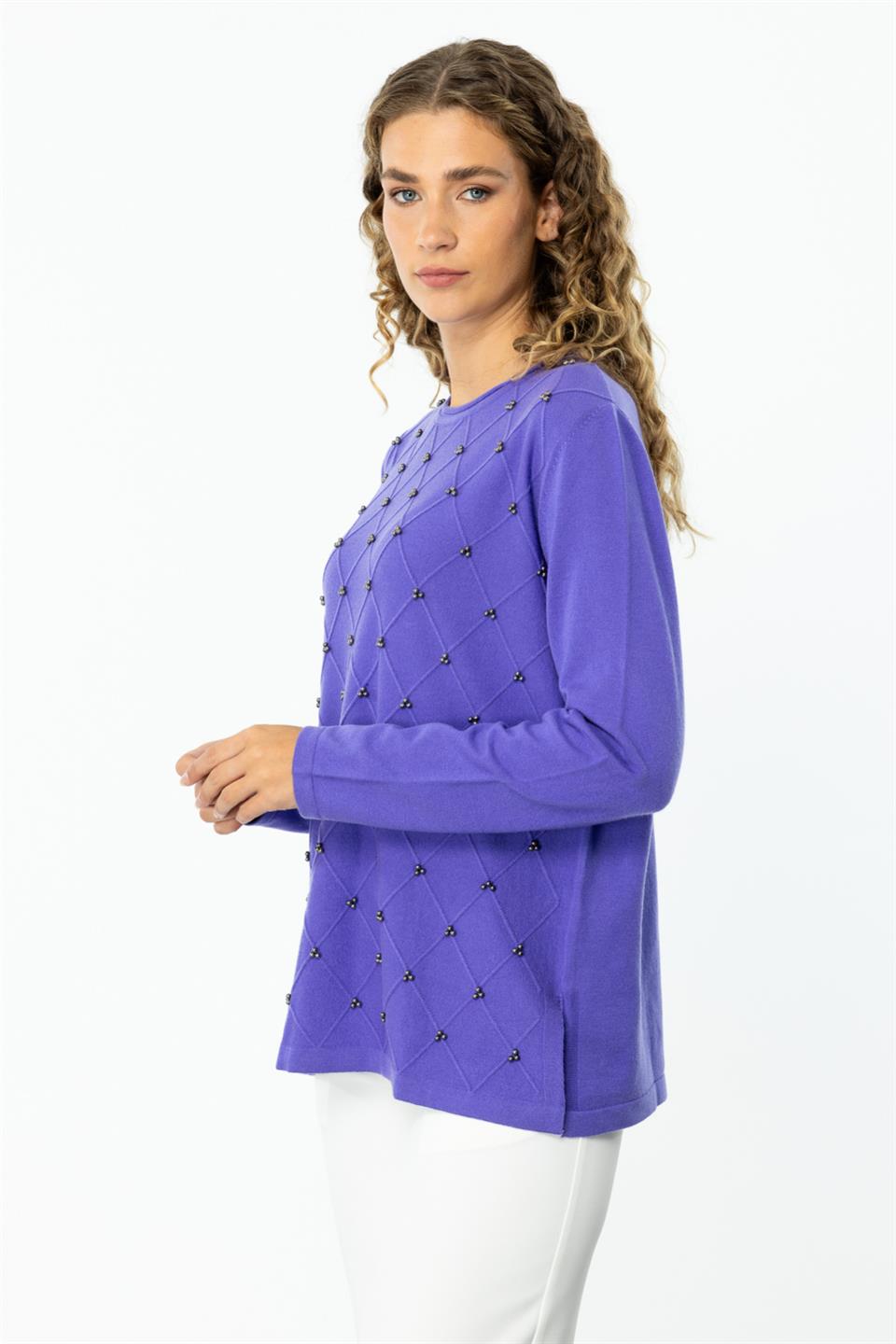 Crew Neck Diamond Patterned Sweater PURPLE