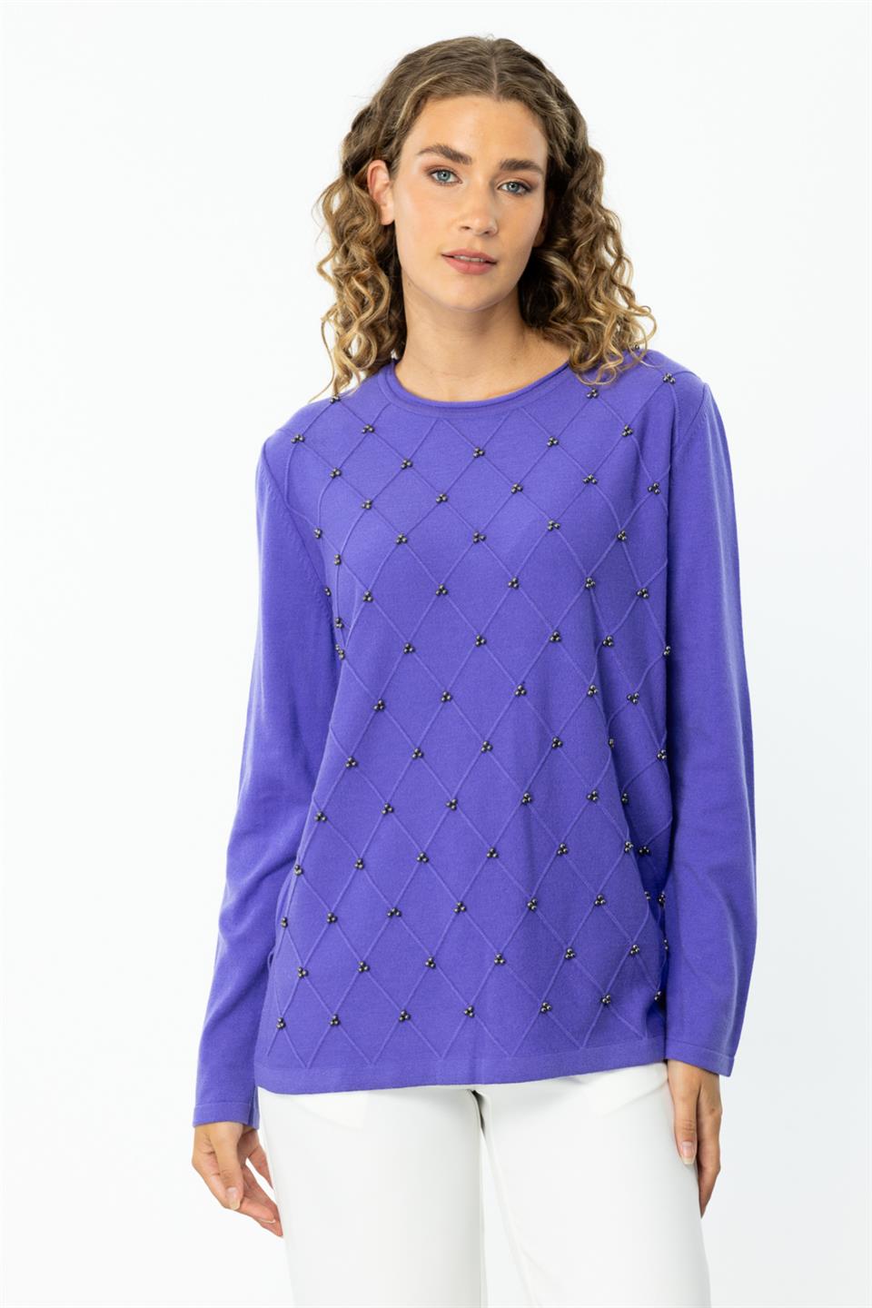 Crew Neck Diamond Patterned Sweater PURPLE