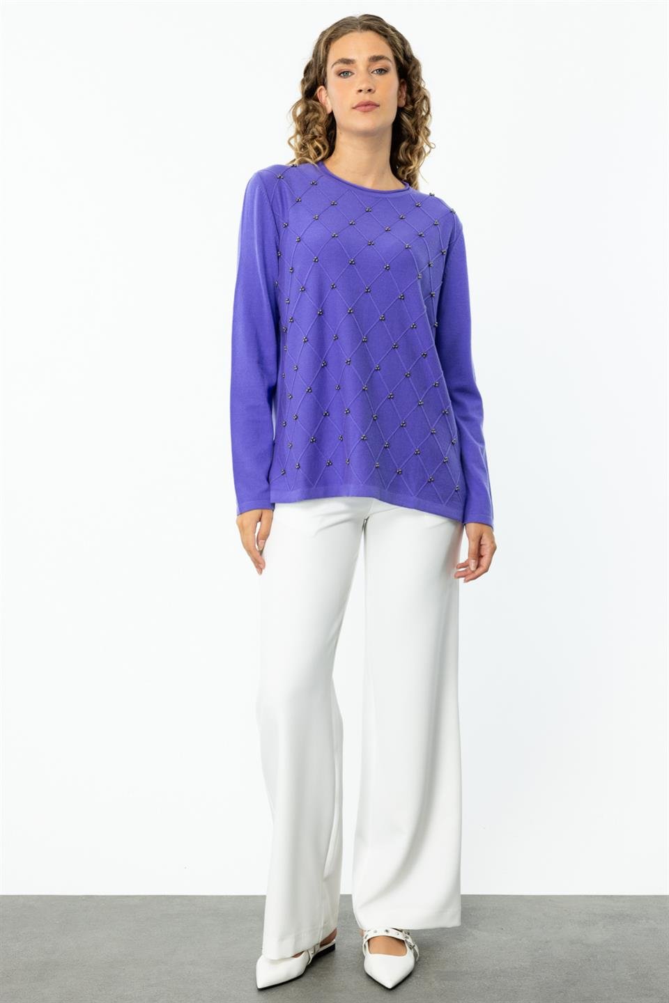 Crew Neck Diamond Patterned Sweater PURPLE