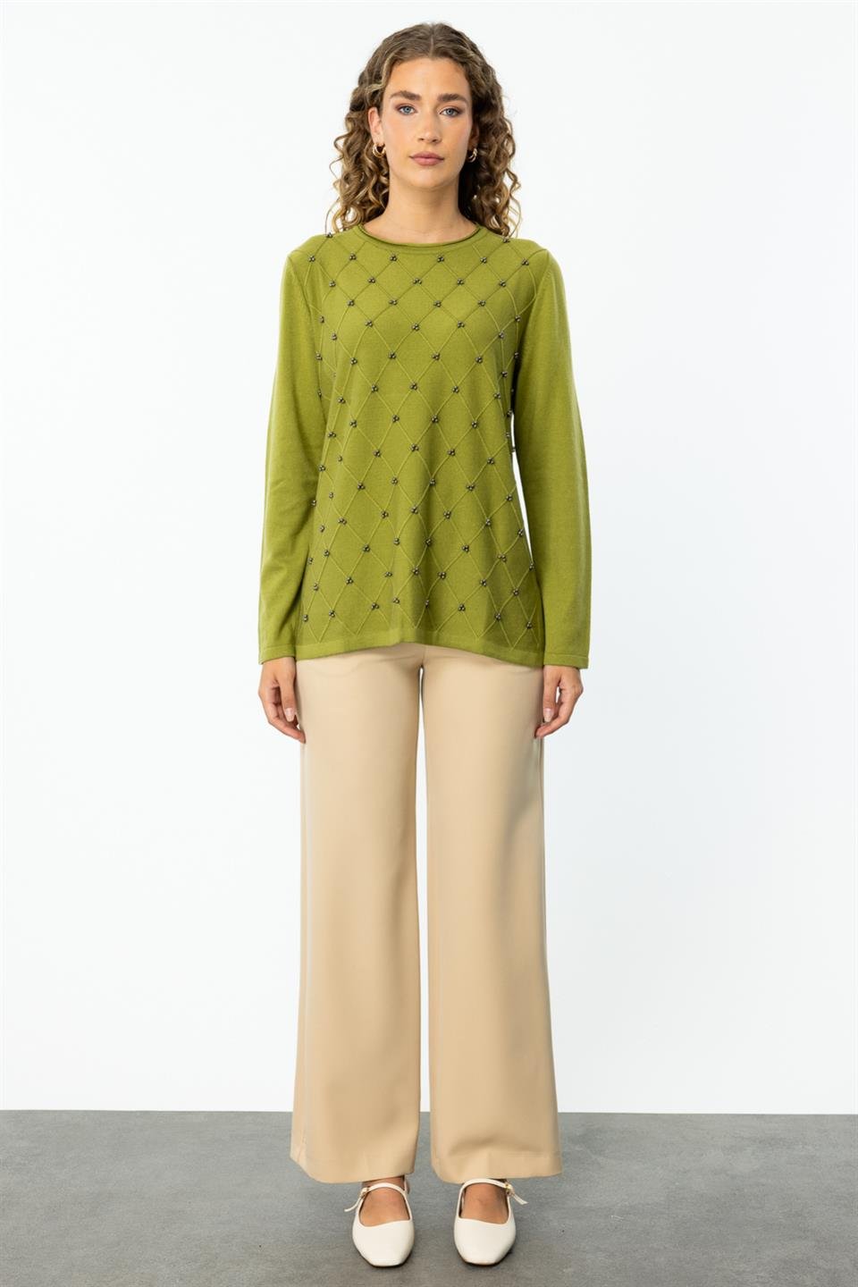 Crew neck diamond patterned sweater OLIVE