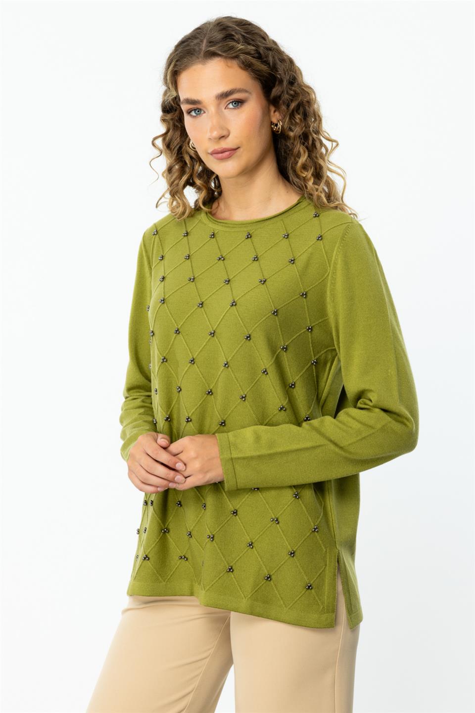 Crew neck diamond patterned sweater OLIVE