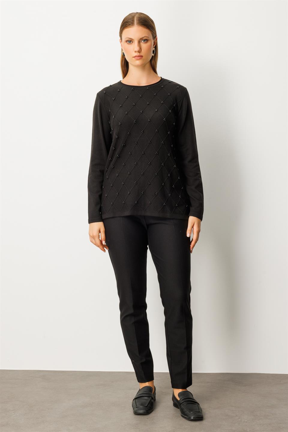 Sıfır Yaka Baklava Desenli Kazak SİYAH