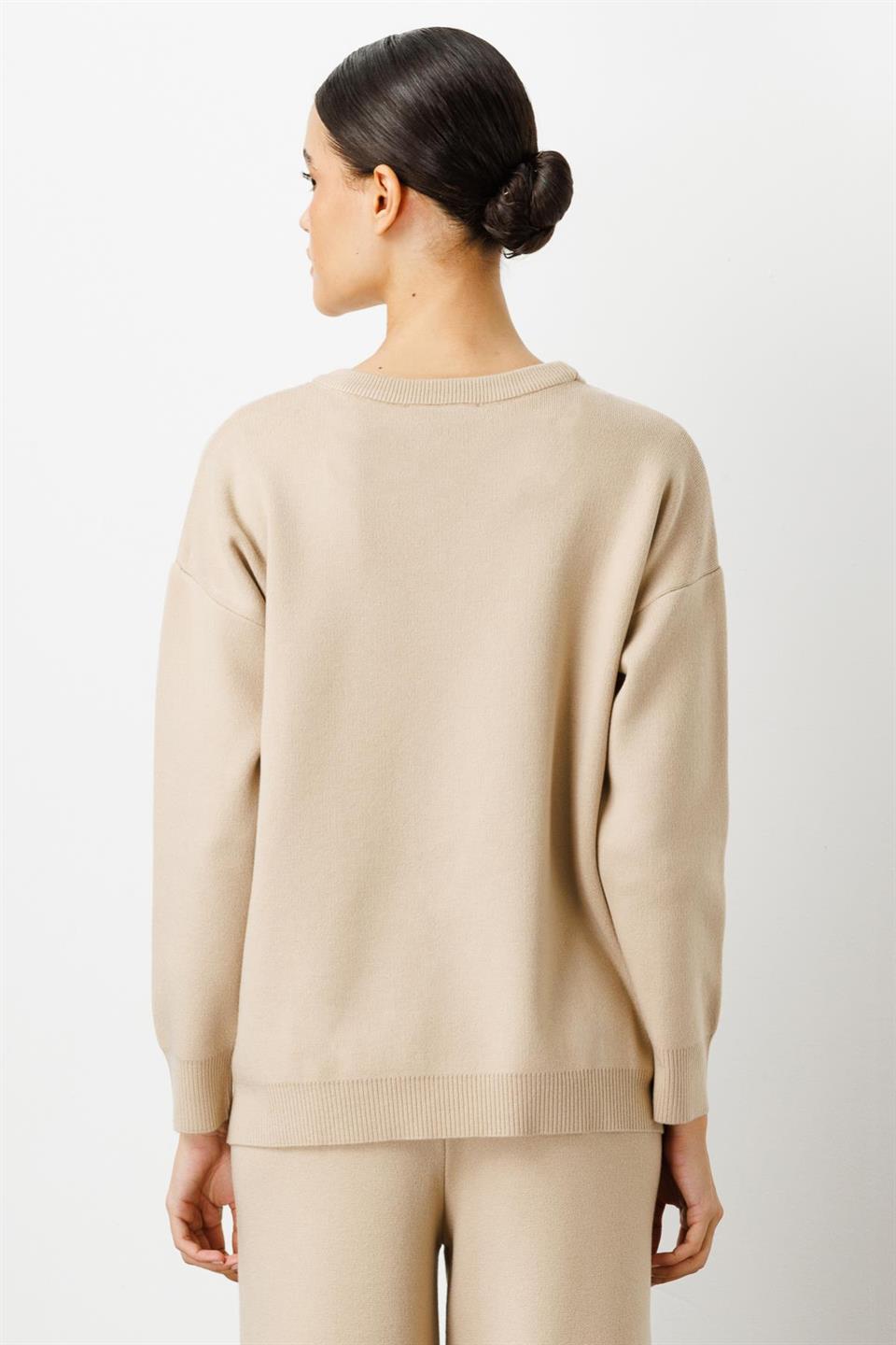 Sıfır Yaka Takma Kol Kazak BEJ