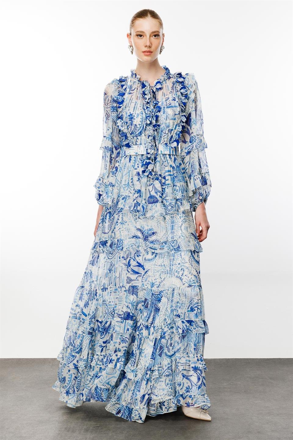 Şifon Dijital Baskılı Elbise MAVİ