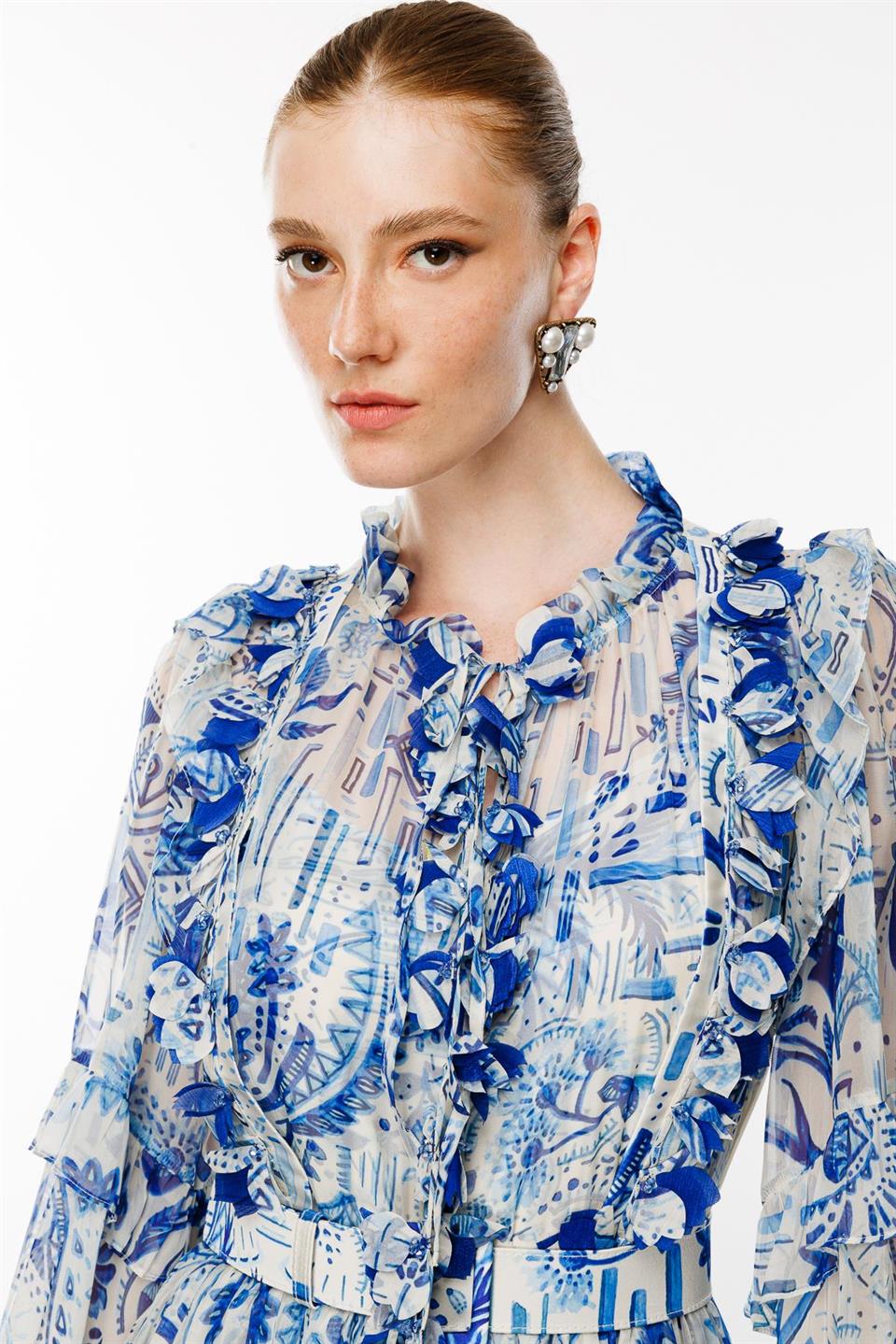 Şifon Dijital Baskılı Elbise MAVİ