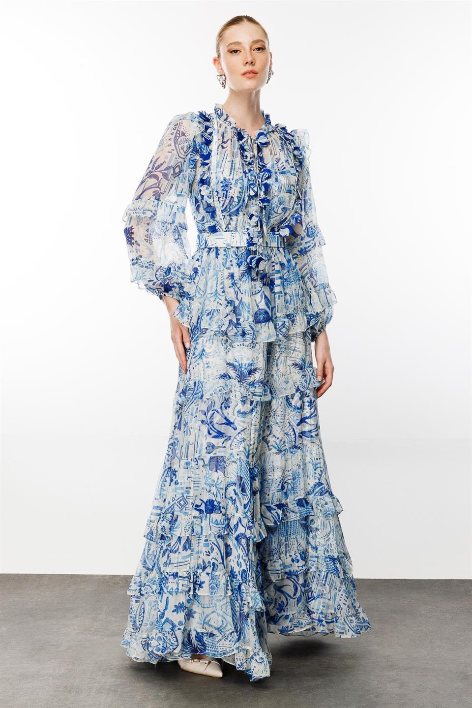 Şifon Dijital Baskılı Elbise MAVİ